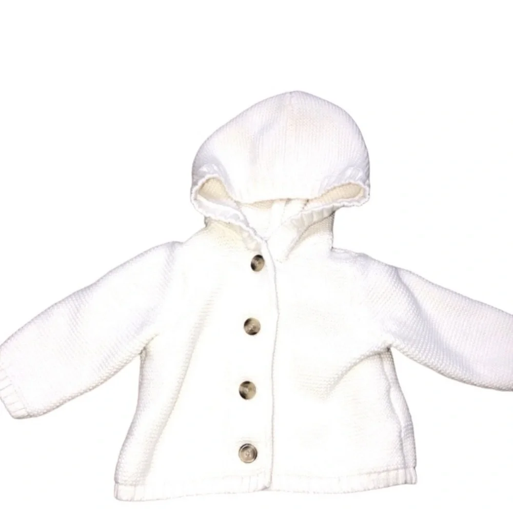 Old Navy 3-6 Months Unisex Cream Knit Cardigan Button Up Hooded Sweater